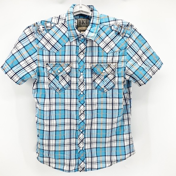 BKE Pearl Snap Slim Fit Western Rodeo Plaid Short sleeve jaripeo modern cowboy - Picture 1 of 8